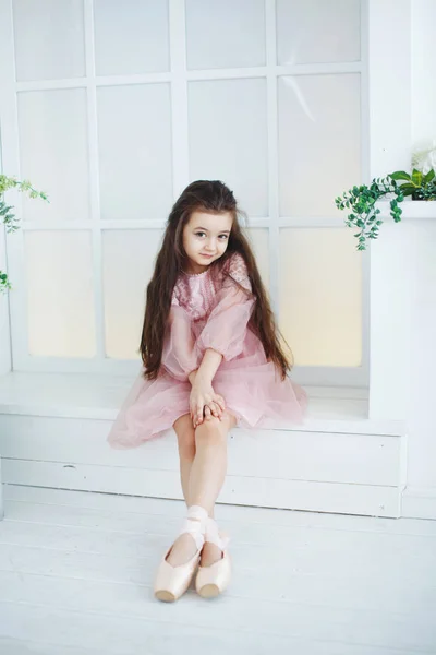 Uma Jovem Bailarina Cabelos Compridos Vestido Rosa Está Sapatos Pontiagudos — Fotografia de Stock