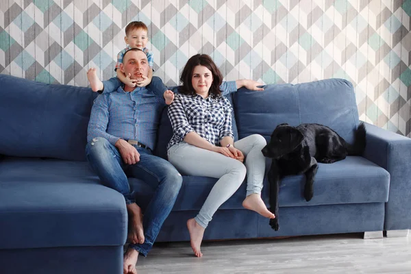 Young family mother, father and son sitting on a blue sofa with a black labrador retriever dog, playing and smiling