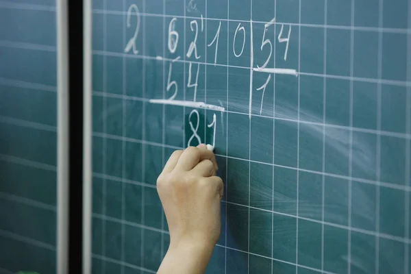 Pupil\'s hand writes on the blackboard chalk number, solves mathematical tasks