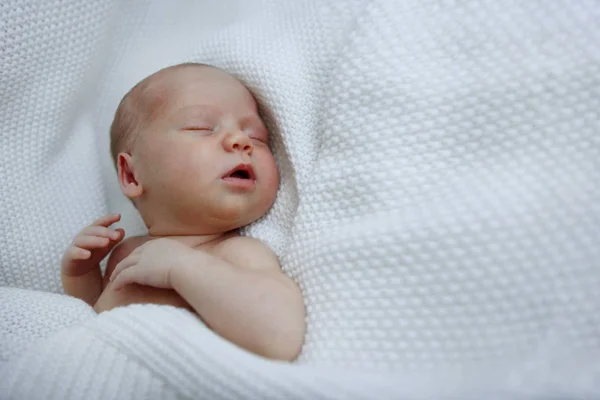 Bebé Siete Días Está Durmiendo Espalda Niño Está Envuelto Una —  Fotos de Stock