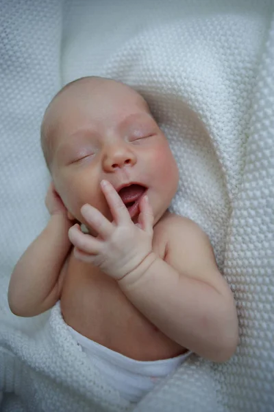 Bebé Siete Días Está Durmiendo Espalda Niño Está Envuelto Una —  Fotos de Stock