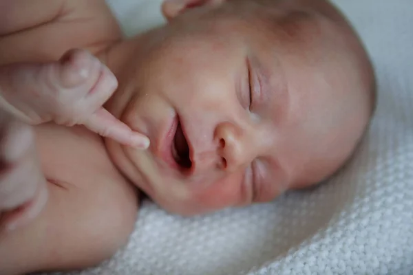 Bebé Siete Días Está Durmiendo Espalda Niño Está Envuelto Una —  Fotos de Stock