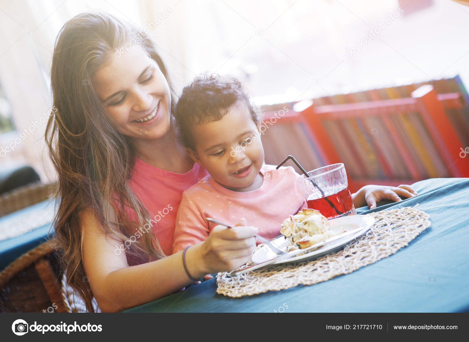 Small Mixed Child Pink Sweater Her White Mother Long Hair Stock