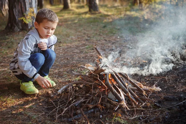 Jongen Maken Een Brand Herfst Bos — Stockfoto