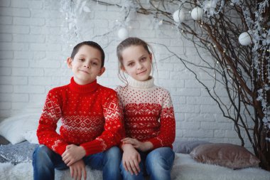 Kardeş birbirlerine Noel ağacı yakınındaki bir hediye kutusu vermek.