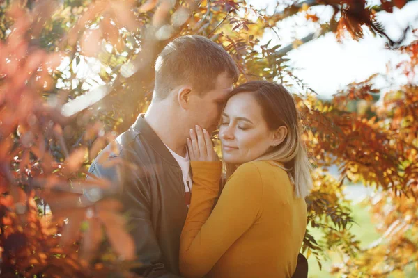 Giovane Coppia Ragazzo Ragazza Abbraccio Bacio Nel Parco Autunnale Caduta — Foto Stock