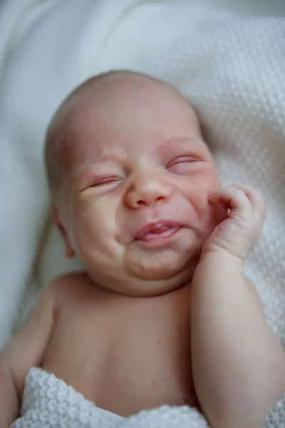 Bebé Sete Dias Está Dormir Costas Criança Envolta Cobertor Expressa — Fotografia de Stock