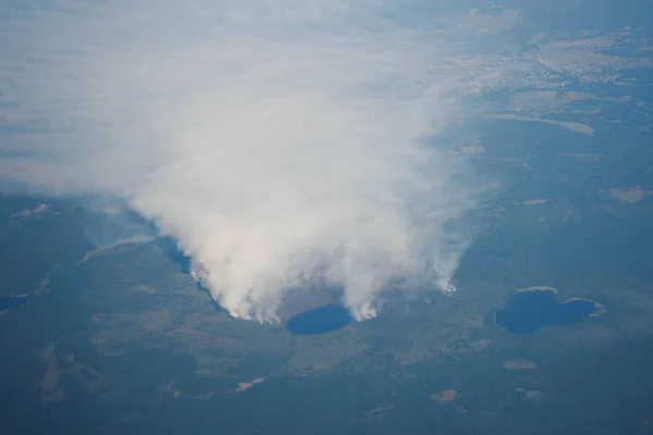 Forest fire, thick white smoke rises to the sky, view from above.