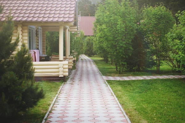 Wooden House Logs Paved Tiles — Stock Photo, Image