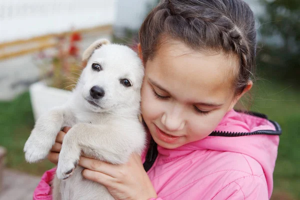 Menina Com Tranças Uma Jaqueta Rosa Abraços Beijos Cachorro Branco — Fotografia de Stock