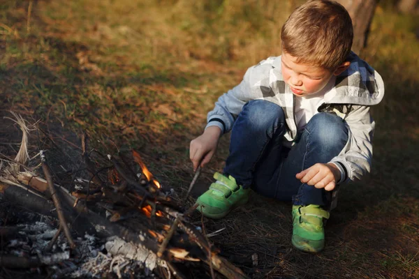 Chłopiec Plaid Shirt Rozpalić Ognisko Lesie Jesienią — Zdjęcie stockowe