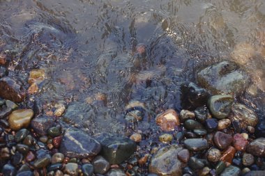 Arka plan ıslak taşlar ve nehir kıyısında su.