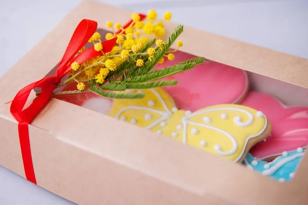 Gift box with colored gingerbread tied with a red ribbon with a sprig of yellow mimosa on a gray wooden background. For decoration, web design. Overall plan.