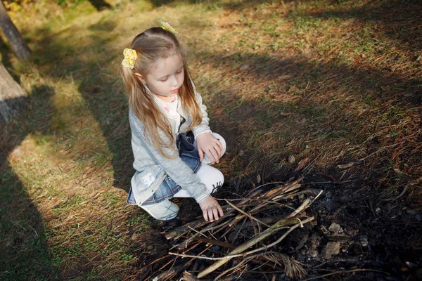 Mooie Blonde Meisje Met Mooie Grijze Vacht Poseren Gouden Herfst — Stockfoto