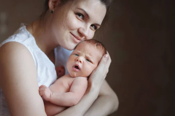 Young Cute Mother Holding Newborn Son Her Arms Smiling Concept — Stock Photo, Image