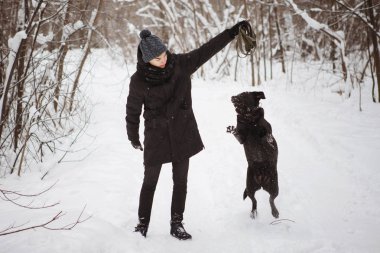 Adam siyah labrador retriever kış orman karda bir sıçrama içinde çalış.