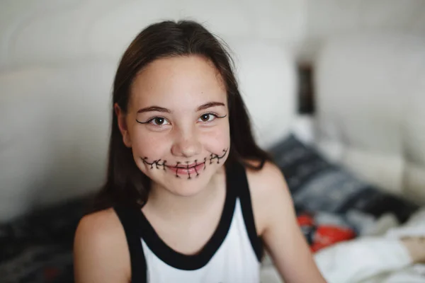 Teenager Girl Long Hair Halloween Make Smiling Looking Camera — Stock Photo, Image