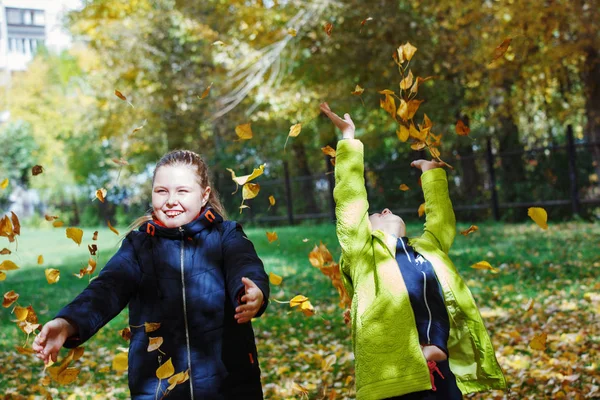 Genç güzel gençler sonbahar avlu yürüyüş sarı yapraklar atmak ve sevinirler kızları.