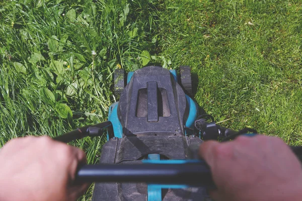 gardener cutting green grass electric lawn mower, selective focus