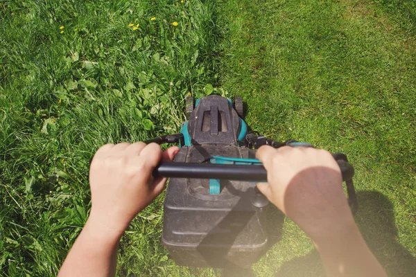 gardener cutting green grass electric lawn mower, selective focus