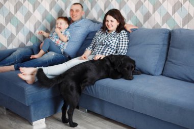 Genç aile ile Siyah labrador retriever köpek mavi kanepede oturan