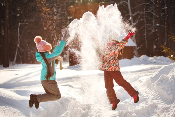 Dwie Małe Dziewczynki Grać Winter Park — Zdjęcie stockowe
