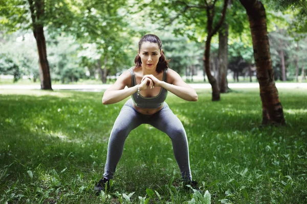 Cute Young Woman Doing Yoga Exercises Green Park — Stock Photo, Image