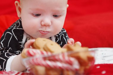 Güzel beş aylık bebek toddler kırmızı bir arka plan üzerinde Noel gingerbread başında mavi elbiseli bir çiçek kız. Anne bakım. Çocuk Bakımı. Yakın çekim.