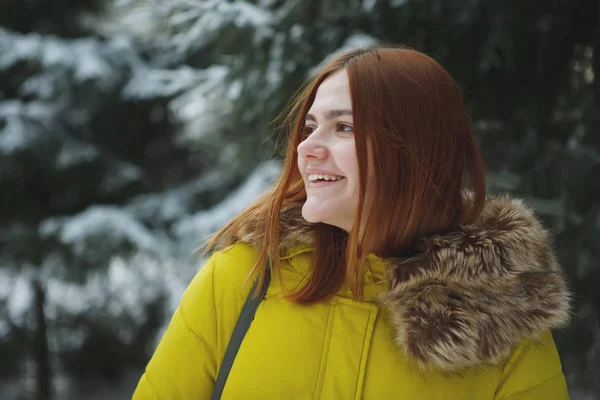 Joven, linda, alegre mujer pelirroja en un bosque nevado . —  Fotos de Stock