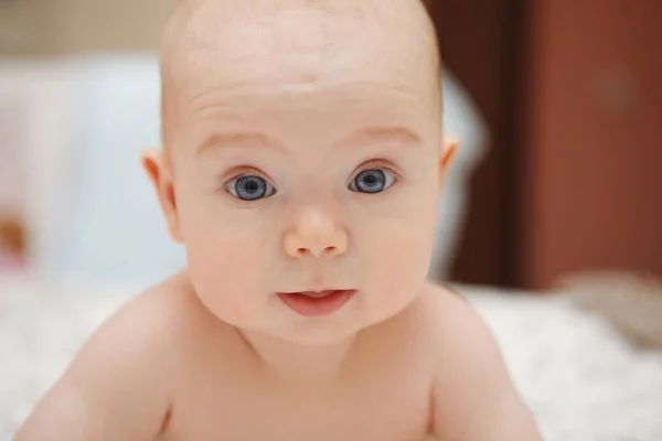 Hermosa Bebé Cinco Meses Ojos Azules Niña Acostada Sobre Estómago —  Fotos de Stock