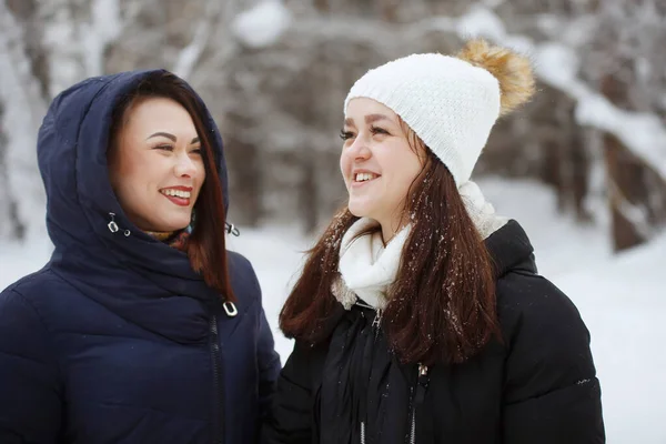 Dos mujeres jóvenes y bonitas en un bosque nevado . —  Fotos de Stock