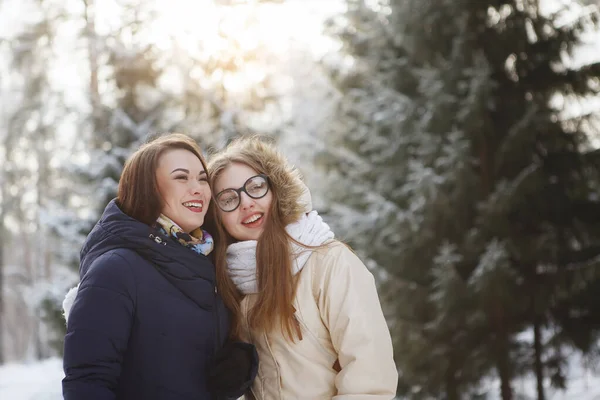 Két fiatal, csinos nő egy havas erdőben. — Stock Fotó