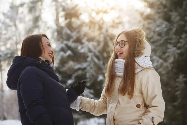 Dos mujeres jóvenes y bonitas en un bosque nevado . — Foto de Stock