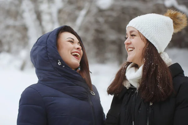 Dos mujeres jóvenes y bonitas en un bosque nevado . —  Fotos de Stock