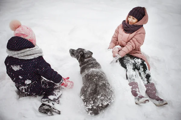 Mama i córka i czarni labrador retrievery oddają się w śniegu. — Zdjęcie stockowe