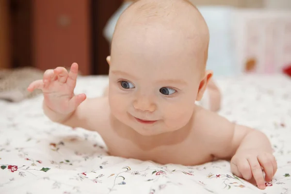 Vackra Fem Månaders Blåögda Baby Baby Flicka Liggande Hennes Mage — Stockfoto