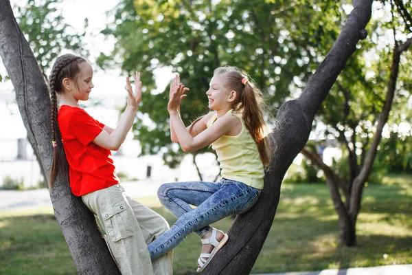 Dos adolescentes trepan a los árboles, sonríen y ríen . — Foto de Stock