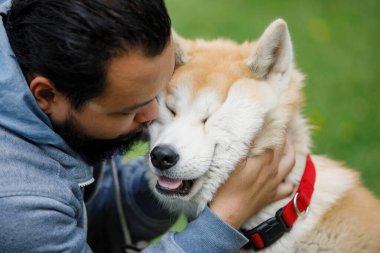 Adam yeşil çimlerde köpeği Akita Inu 'ya sarılıp öpüyor. Seçici odak, bulanık arkaplan.