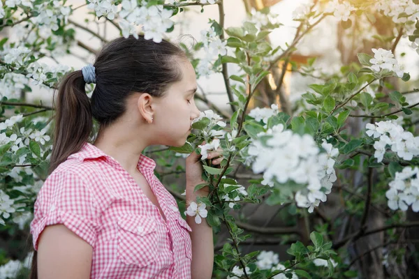 Menina Adolescente Posando Uma Macieira Florescente Foco Seletivo — Fotografia de Stock