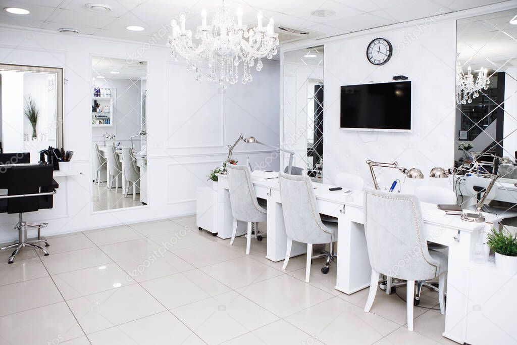 Beauty Salon Interior. Black and white gamma. Workplace of the master of manicure.