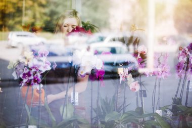 Cam vitrinin arkasında yansımalı ve parıltılı orkide çiçekleriyle sarışın. Seçici odak.