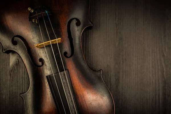 Detalhe Violino Antigo Estilo Vintage Fundo Madeira — Fotografia de Stock