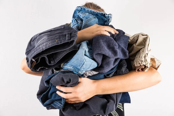 Woman Holding Huge Pile Clothes Laundry Concept — Stock Photo, Image