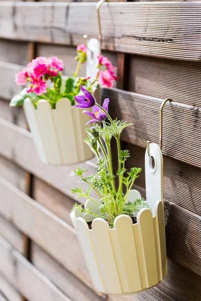 Dettaglio di vasi di fiori appesi sulla recinzione — Foto Stock