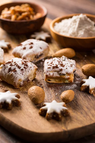 Delicious marzipan cookies for Christmas with baking ingredients — Stock Photo, Image