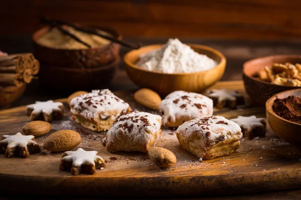 Delicious marzipan cookies for Christmas with baking ingredients — Stock Photo, Image