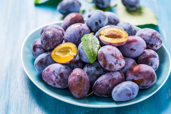 Ameixas Maduras Recém Colhidas Zwetschgen Frutas Tigela Sobre Fundo Ciano — Fotografia de Stock