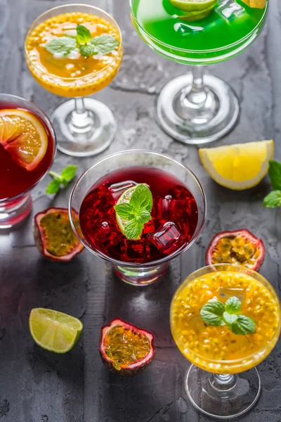 Assortment Different Cocktails Fresh Fruits Ice Mint Black Background — Stock Photo, Image