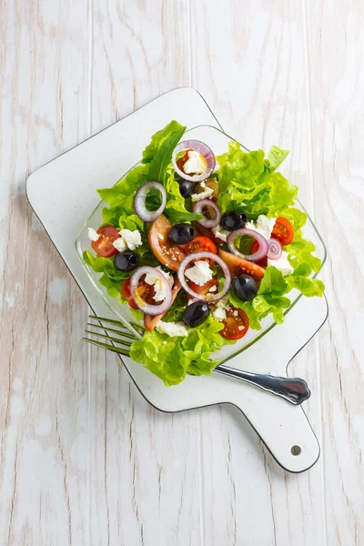 Greek Salad Feta Cheese Black Olives Onion White Background — Stock Photo, Image