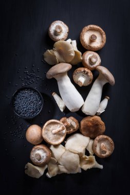 Siyah arka planda beyaz mercimek ve yenilebilir mantar çeşitleri. Shiitake, Champignon, Porcini ve İstiridye Mantarı.